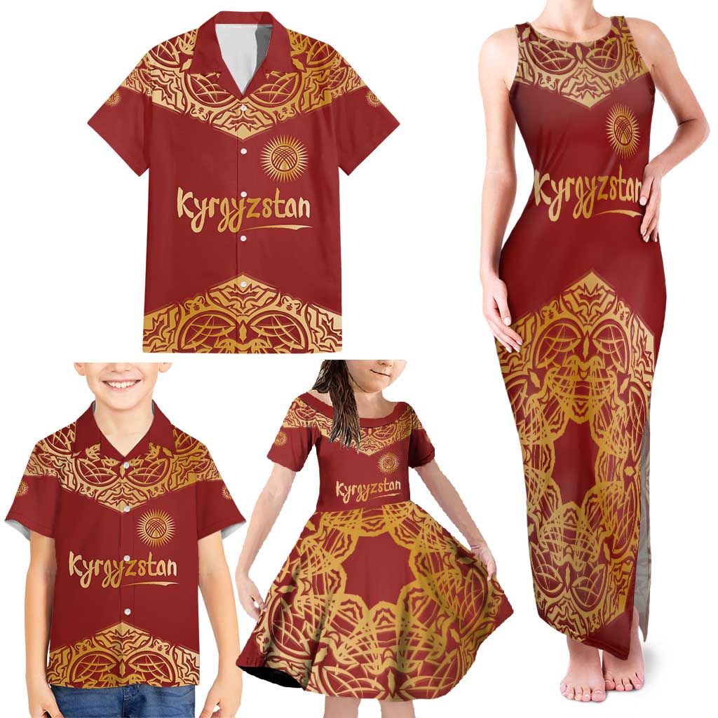 Kyrgyzstan National Symbol Family Matching Tank Maxi Dress and Hawaiian Shirt Traditional Golden Pattern in Red and Gold