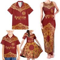 Kyrgyzstan National Symbol Family Matching Tank Maxi Dress and Hawaiian Shirt Traditional Golden Pattern in Red and Gold