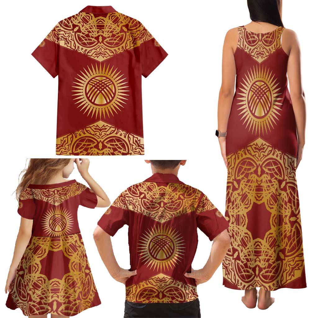 Kyrgyzstan National Symbol Family Matching Tank Maxi Dress and Hawaiian Shirt Traditional Golden Pattern in Red and Gold