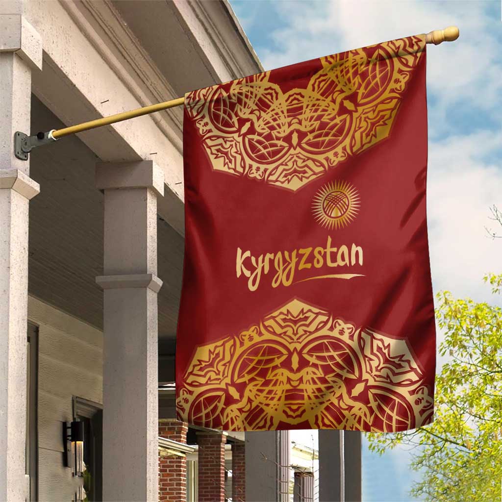 Kyrgyzstan National Symbol Garden Flag Traditional Golden Pattern in Red and Gold