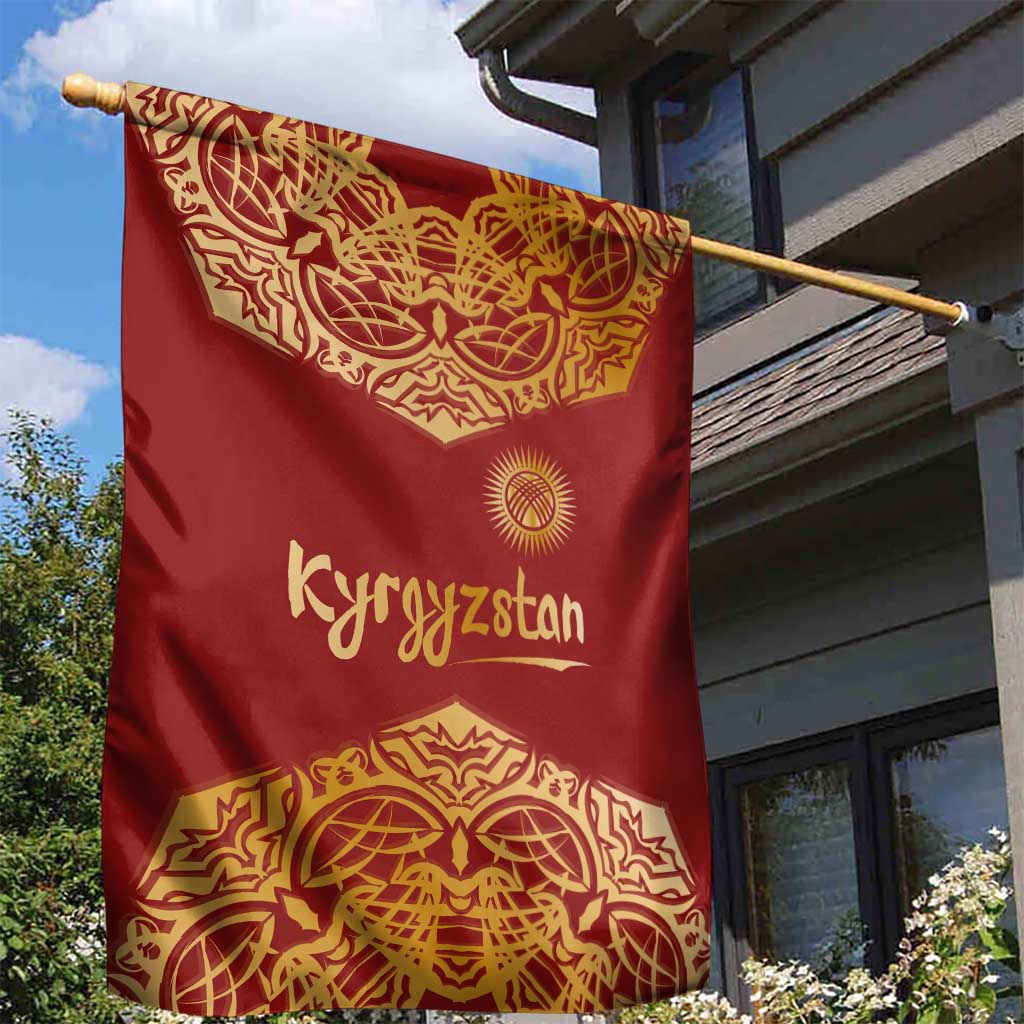 Kyrgyzstan National Symbol Garden Flag Traditional Golden Pattern in Red and Gold