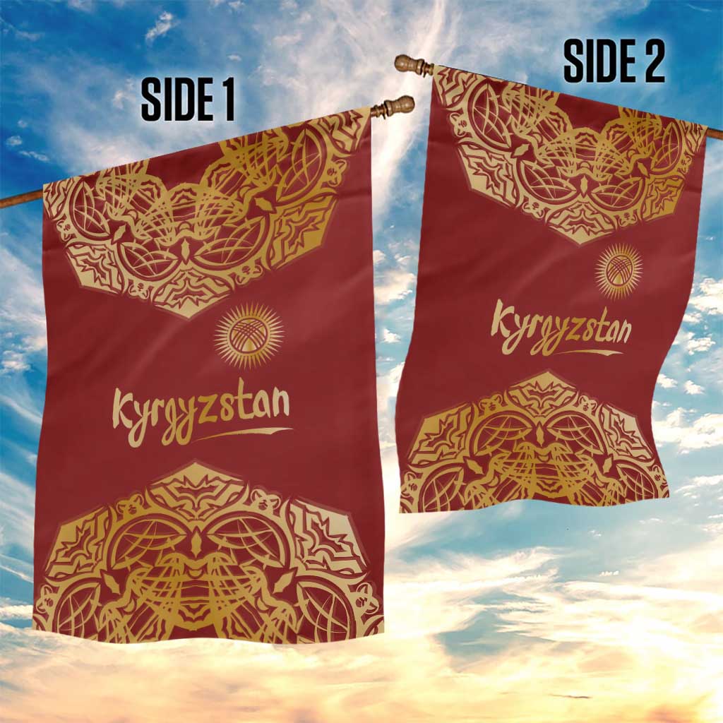 Kyrgyzstan National Symbol Garden Flag Traditional Golden Pattern in Red and Gold