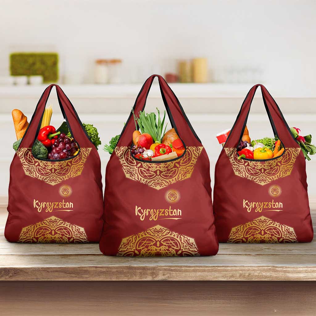 Kyrgyzstan National Symbol Grocery Bag Traditional Golden Pattern in Red and Gold