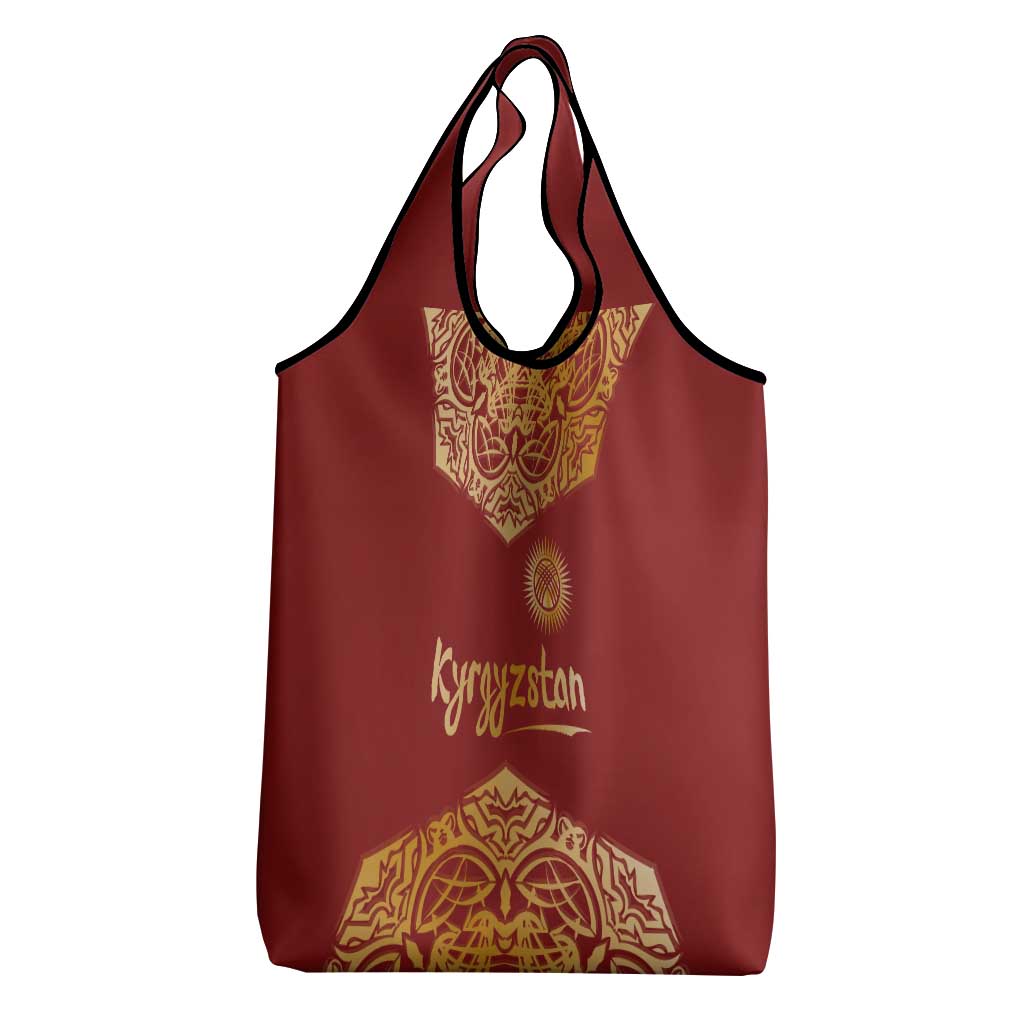 Kyrgyzstan National Symbol Grocery Bag Traditional Golden Pattern in Red and Gold