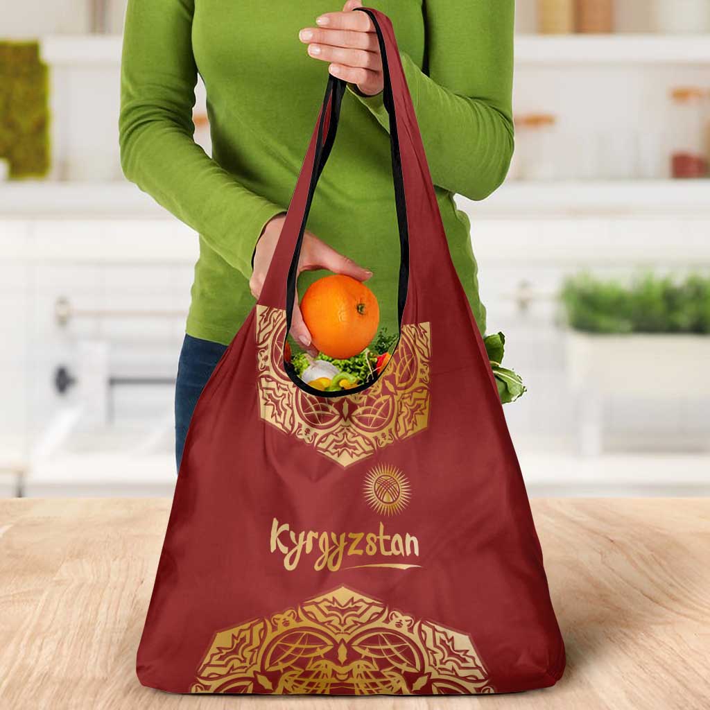 Kyrgyzstan National Symbol Grocery Bag Traditional Golden Pattern in Red and Gold