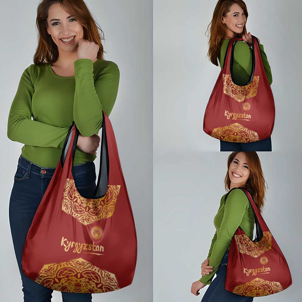 Kyrgyzstan National Symbol Grocery Bag Traditional Golden Pattern in Red and Gold