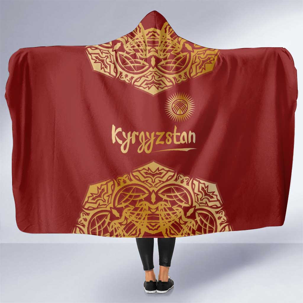 Kyrgyzstan National Symbol Hooded Blanket Traditional Golden Pattern in Red and Gold