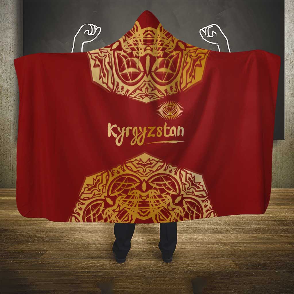 Kyrgyzstan National Symbol Hooded Blanket Traditional Golden Pattern in Red and Gold