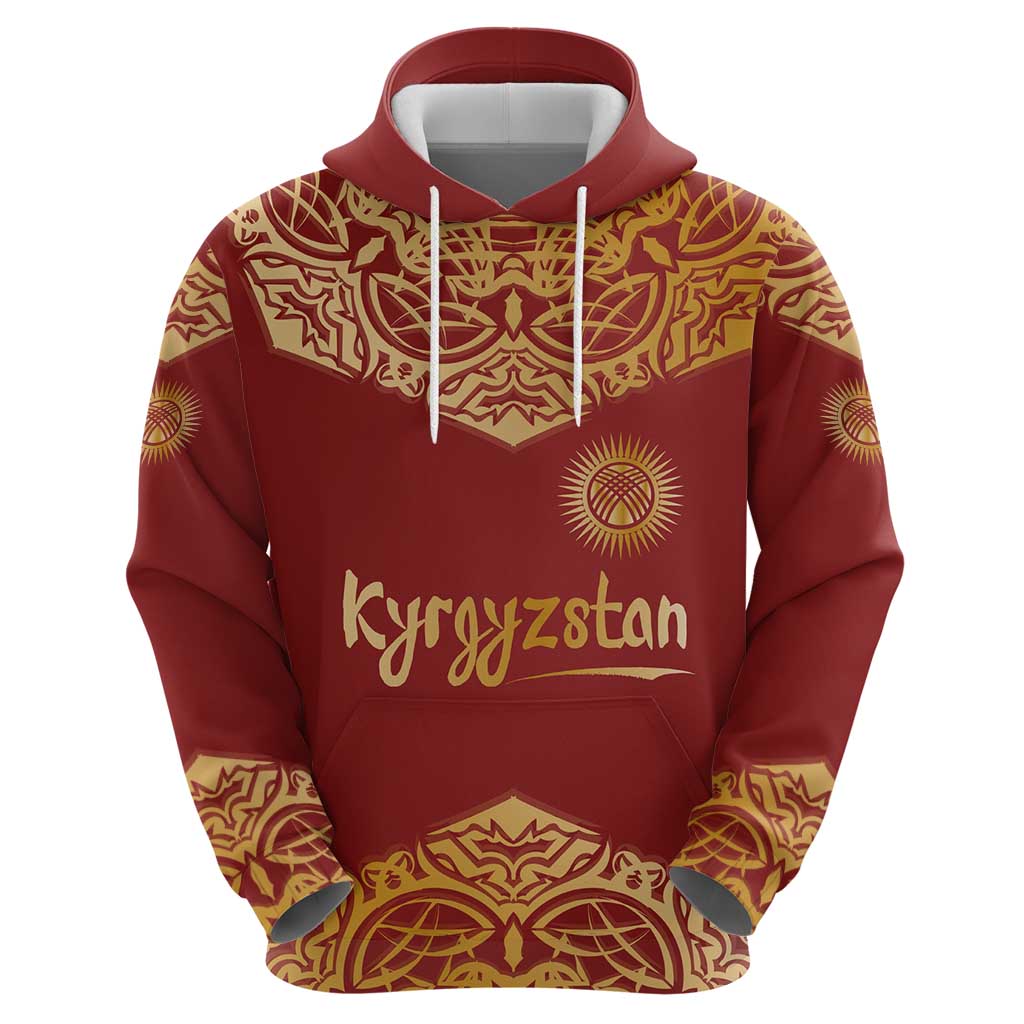 Kyrgyzstan National Symbol Hoodie Traditional Golden Pattern in Red and Gold