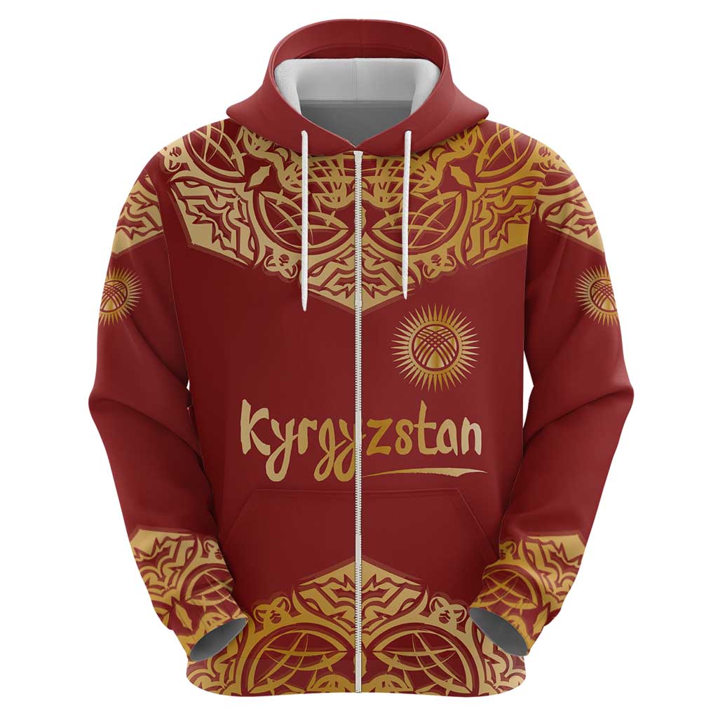 Kyrgyzstan National Symbol Hoodie Traditional Golden Pattern in Red and Gold