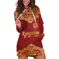 Kyrgyzstan National Symbol Hoodie Dress Traditional Golden Pattern in Red and Gold