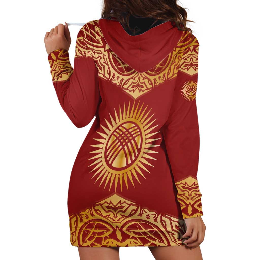 Kyrgyzstan National Symbol Hoodie Dress Traditional Golden Pattern in Red and Gold