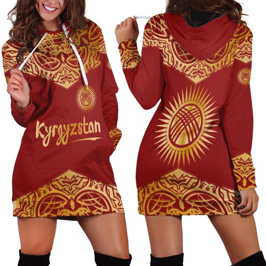 Kyrgyzstan National Symbol Hoodie Dress Traditional Golden Pattern in Red and Gold