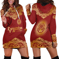 Kyrgyzstan National Symbol Hoodie Dress Traditional Golden Pattern in Red and Gold