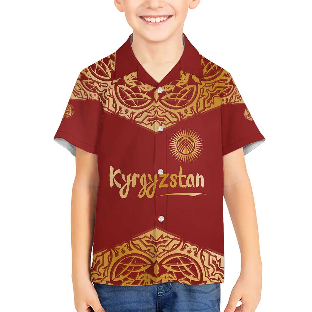 Kyrgyzstan National Symbol Kid Hawaiian Shirt Traditional Golden Pattern in Red and Gold