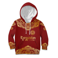 Kyrgyzstan National Symbol Kid Hoodie Traditional Golden Pattern in Red and Gold
