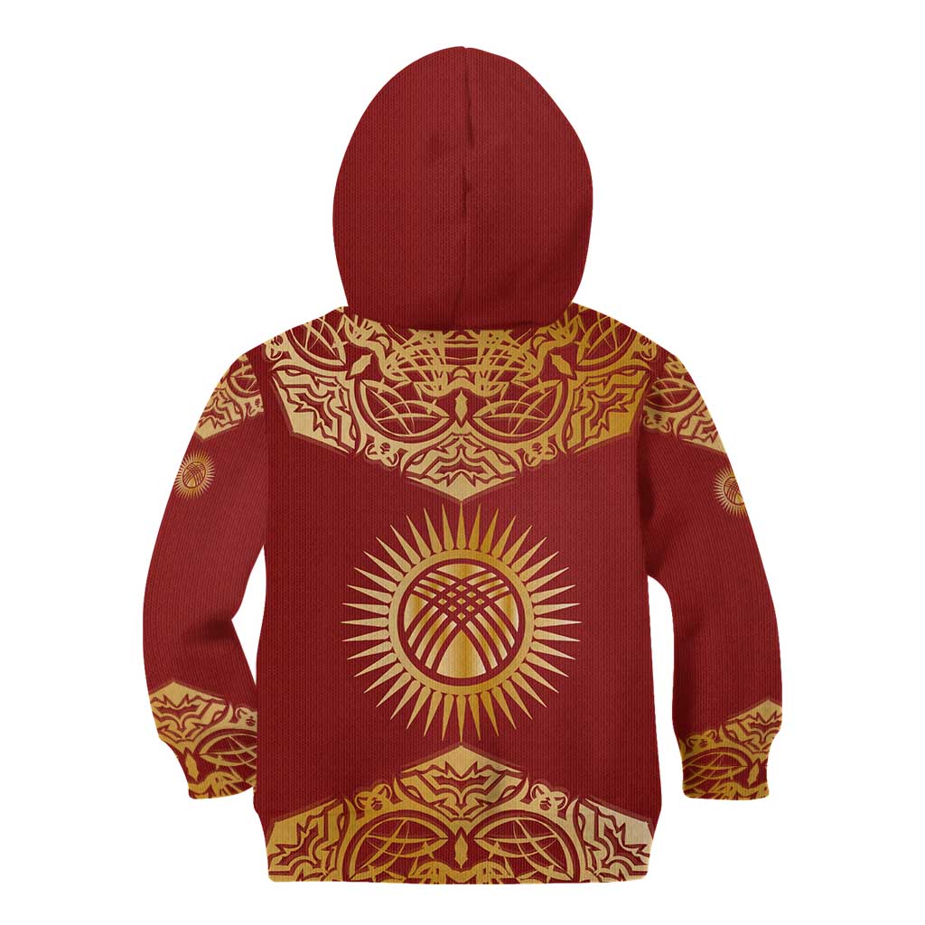 Kyrgyzstan National Symbol Kid Hoodie Traditional Golden Pattern in Red and Gold