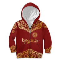 Kyrgyzstan National Symbol Kid Hoodie Traditional Golden Pattern in Red and Gold