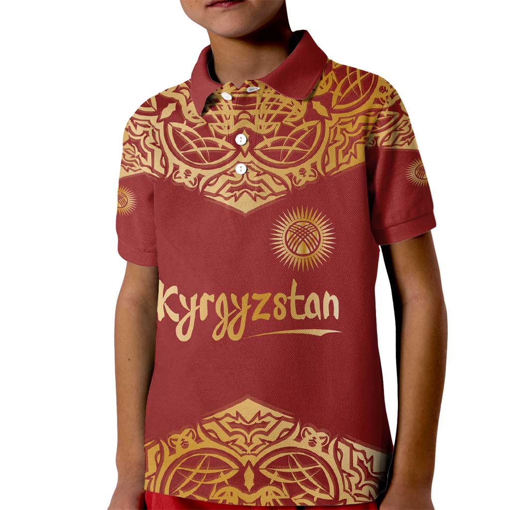 Kyrgyzstan National Symbol Kid Polo Shirt Traditional Golden Pattern in Red and Gold