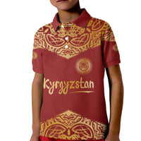 Kyrgyzstan National Symbol Kid Polo Shirt Traditional Golden Pattern in Red and Gold