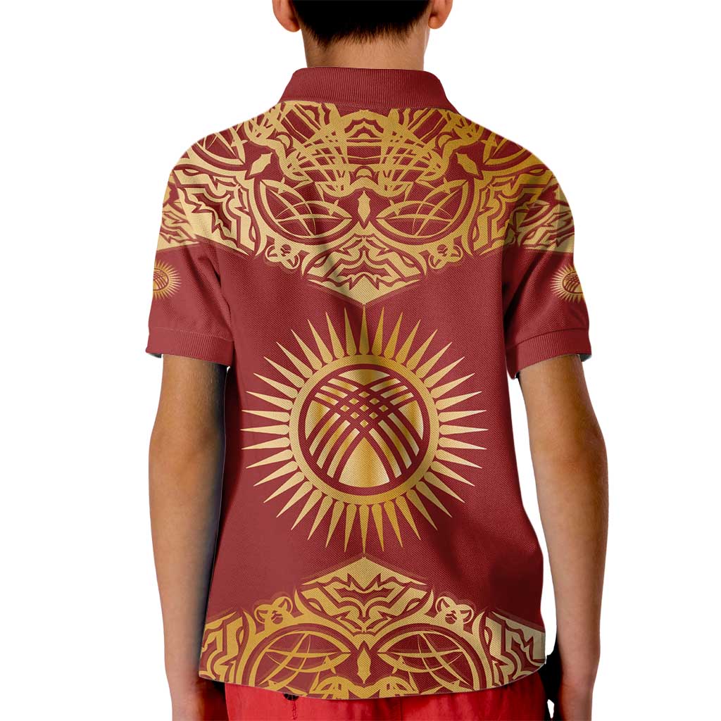 Kyrgyzstan National Symbol Kid Polo Shirt Traditional Golden Pattern in Red and Gold