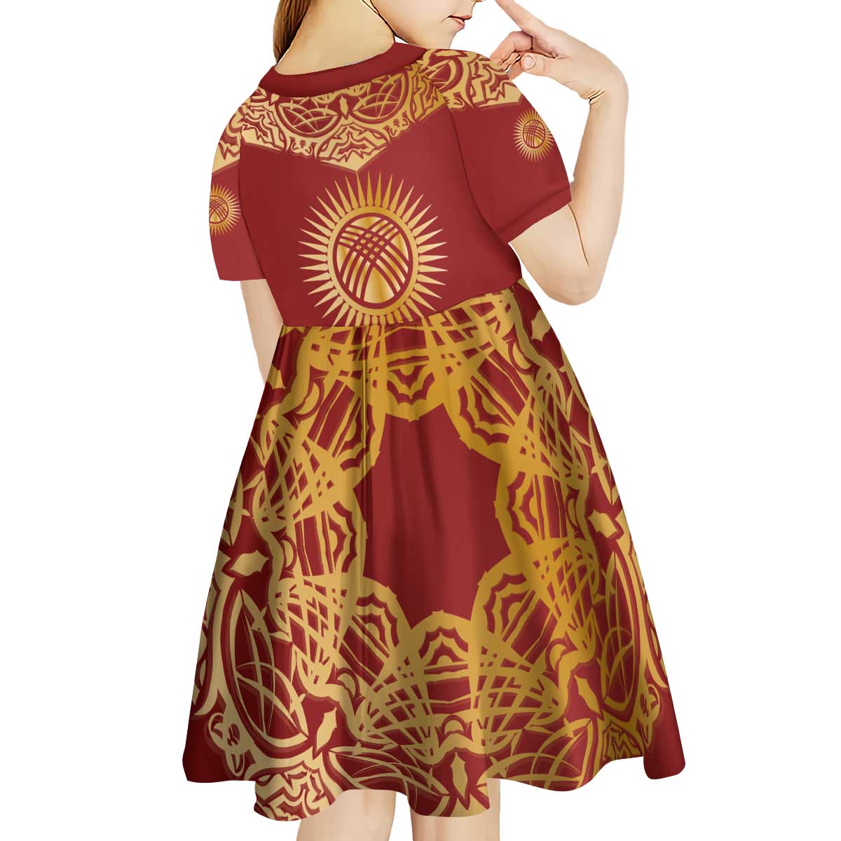 Kyrgyzstan National Symbol Kid Short Sleeve Dress Traditional Golden Pattern in Red and Gold