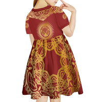 Kyrgyzstan National Symbol Kid Short Sleeve Dress Traditional Golden Pattern in Red and Gold