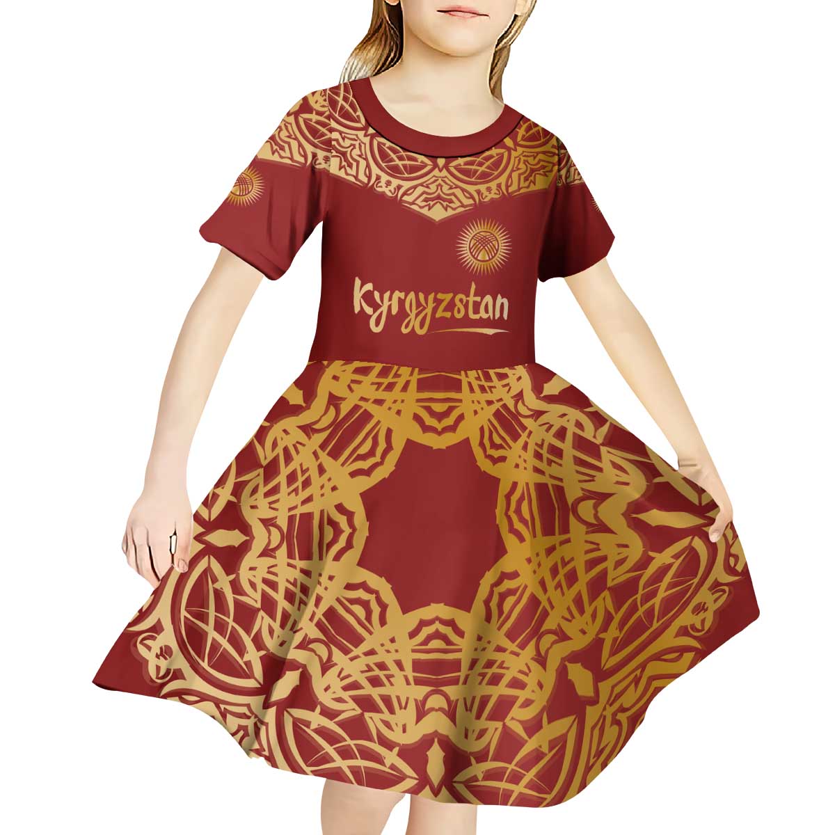 Kyrgyzstan National Symbol Kid Short Sleeve Dress Traditional Golden Pattern in Red and Gold