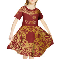 Kyrgyzstan National Symbol Kid Short Sleeve Dress Traditional Golden Pattern in Red and Gold