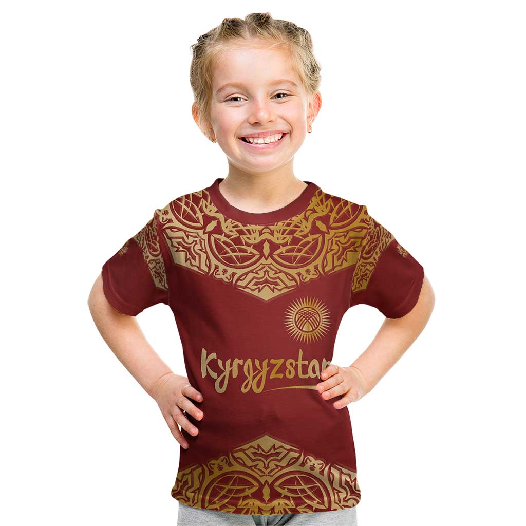 Kyrgyzstan National Symbol Kid T Shirt Traditional Golden Pattern in Red and Gold