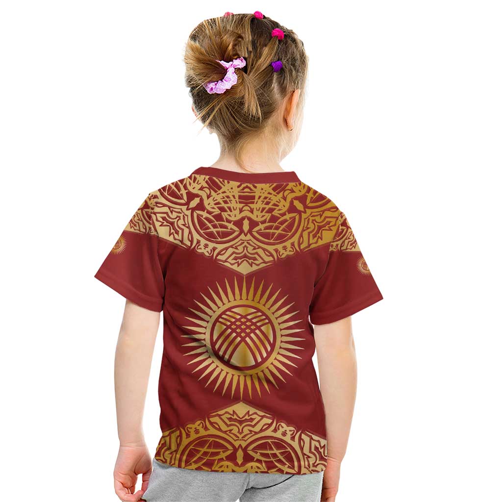 Kyrgyzstan National Symbol Kid T Shirt Traditional Golden Pattern in Red and Gold