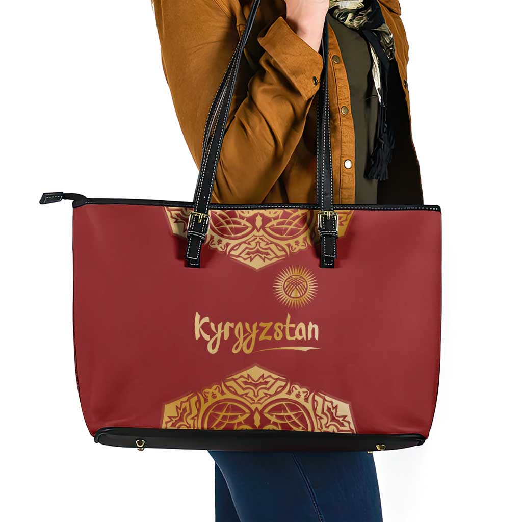 Kyrgyzstan National Symbol Leather Tote Bag Traditional Golden Pattern in Red and Gold