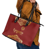 Kyrgyzstan National Symbol Leather Tote Bag Traditional Golden Pattern in Red and Gold