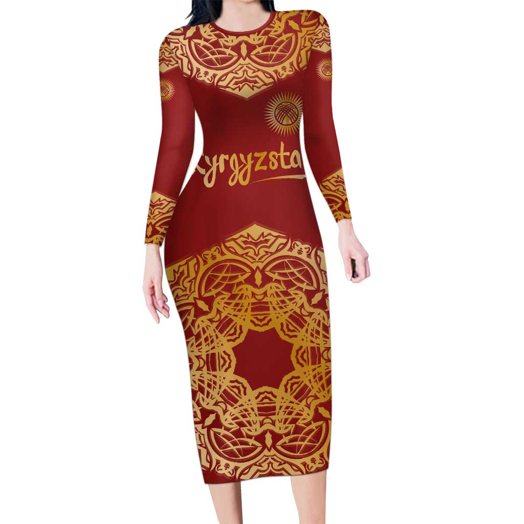 Kyrgyzstan National Symbol Long Sleeve Bodycon Dress Traditional Golden Pattern in Red and Gold