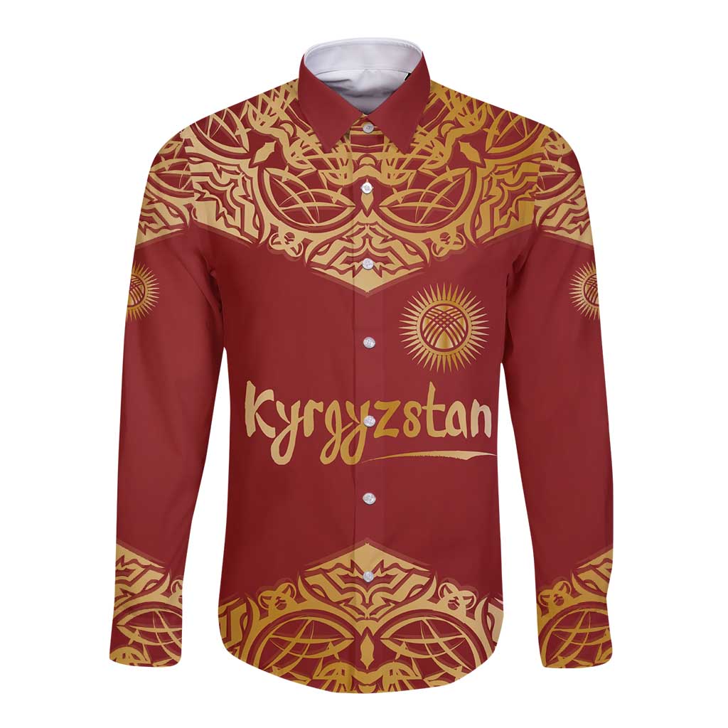 Kyrgyzstan National Symbol Long Sleeve Button Shirt Traditional Golden Pattern in Red and Gold