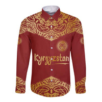 Kyrgyzstan National Symbol Long Sleeve Button Shirt Traditional Golden Pattern in Red and Gold