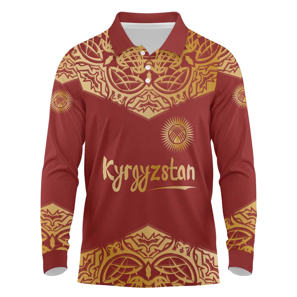 Kyrgyzstan National Symbol Long Sleeve Polo Shirt Traditional Golden Pattern in Red and Gold