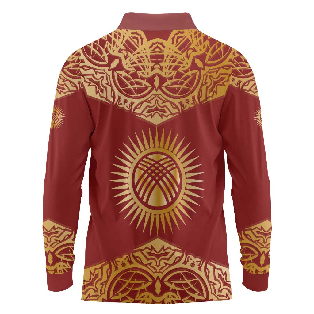 Kyrgyzstan National Symbol Long Sleeve Polo Shirt Traditional Golden Pattern in Red and Gold