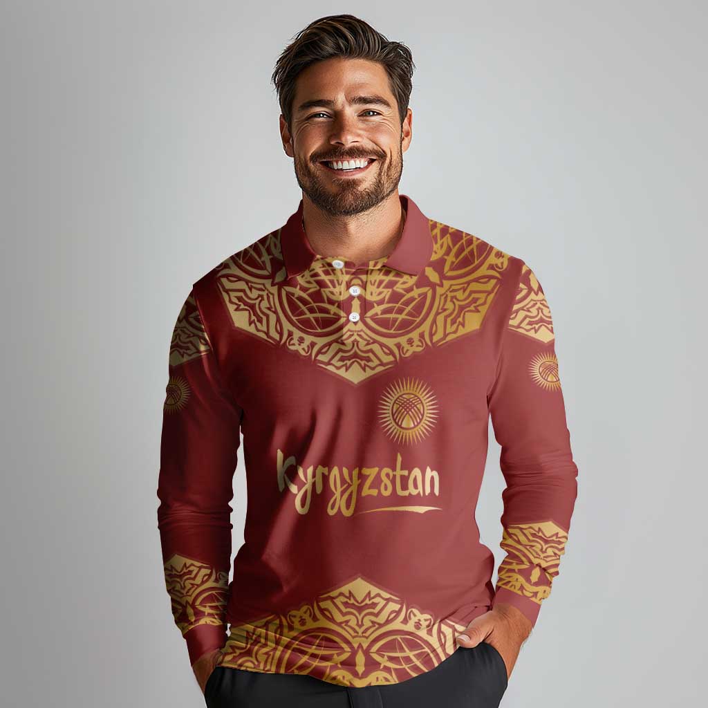 Kyrgyzstan National Symbol Long Sleeve Polo Shirt Traditional Golden Pattern in Red and Gold