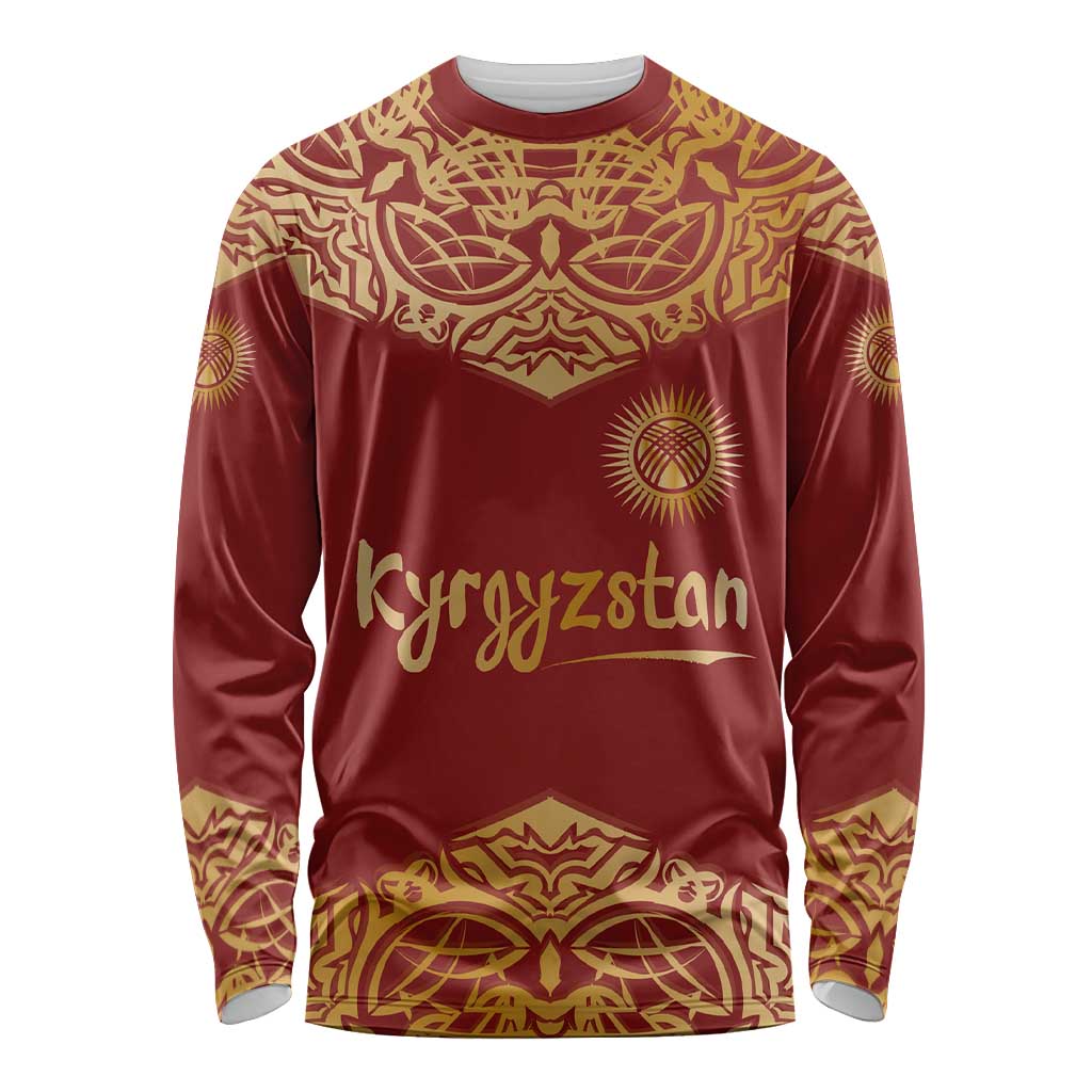 Kyrgyzstan National Symbol Long Sleeve Shirt Traditional Golden Pattern in Red and Gold