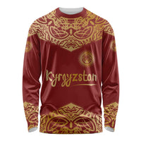 Kyrgyzstan National Symbol Long Sleeve Shirt Traditional Golden Pattern in Red and Gold