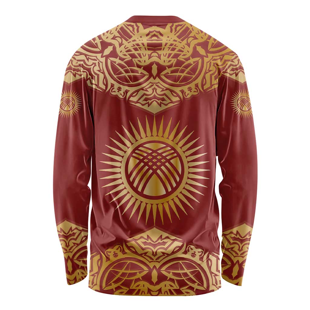 Kyrgyzstan National Symbol Long Sleeve Shirt Traditional Golden Pattern in Red and Gold