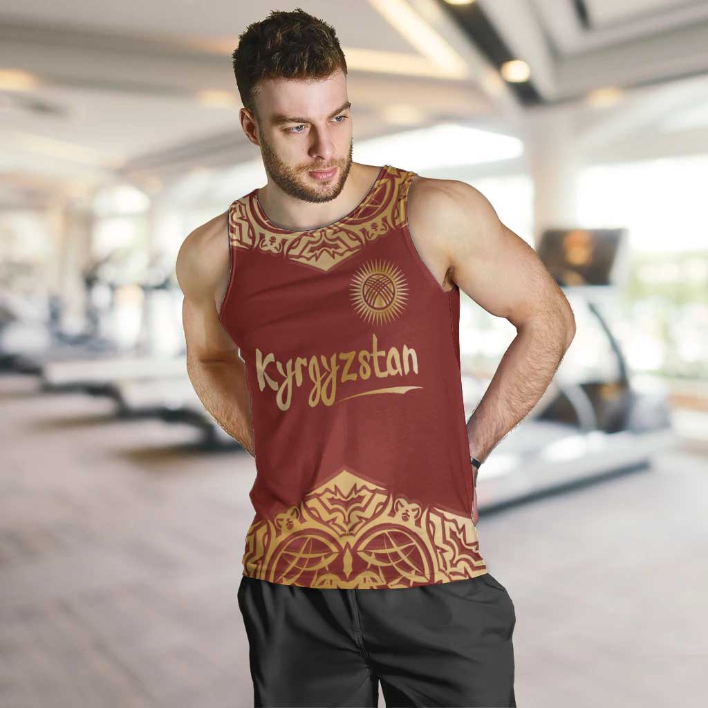Kyrgyzstan National Symbol Men Tank Top Traditional Golden Pattern in Red and Gold