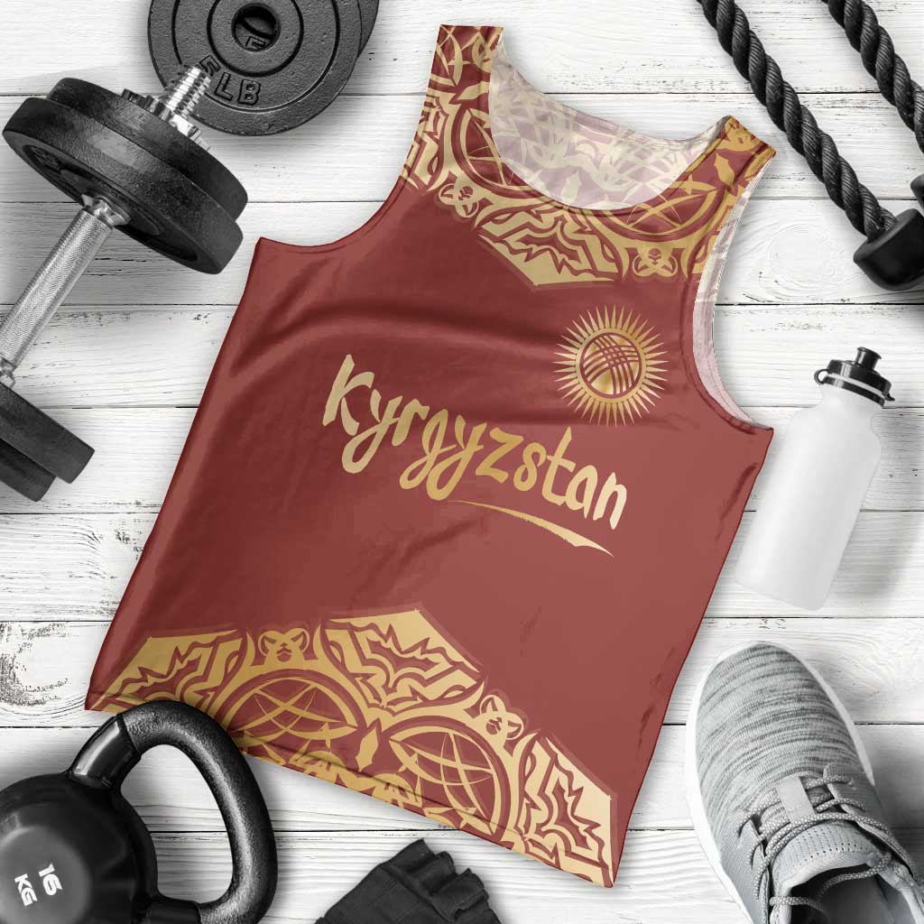 Kyrgyzstan National Symbol Men Tank Top Traditional Golden Pattern in Red and Gold