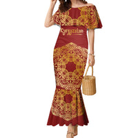 Kyrgyzstan National Symbol Mermaid Dress Traditional Golden Pattern in Red and Gold