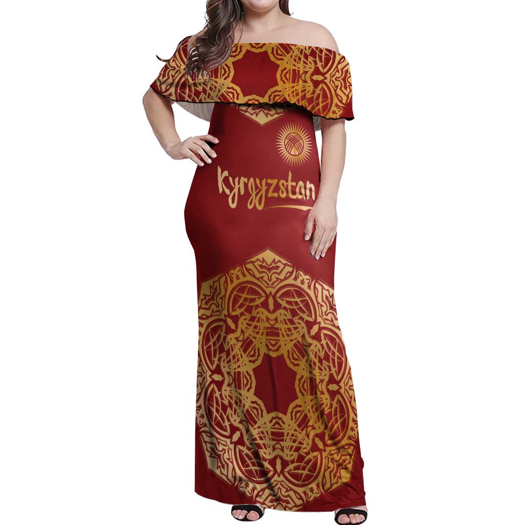Kyrgyzstan National Symbol Off Shoulder Maxi Dress Traditional Golden Pattern in Red and Gold