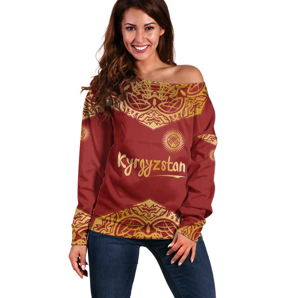 Kyrgyzstan National Symbol Off Shoulder Sweater Traditional Golden Pattern in Red and Gold
