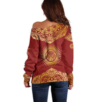 Kyrgyzstan National Symbol Off Shoulder Sweater Traditional Golden Pattern in Red and Gold