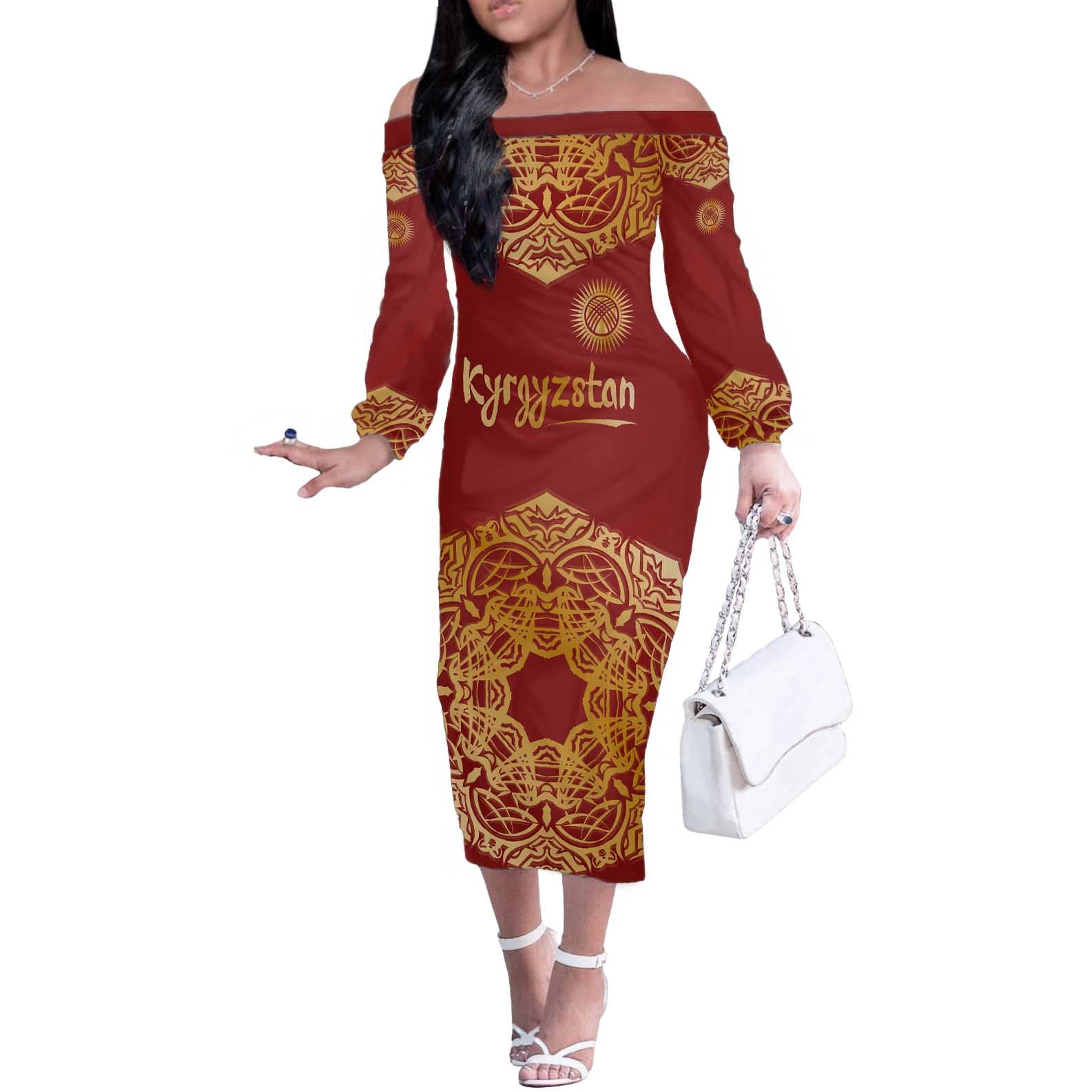 Kyrgyzstan National Symbol Off The Shoulder Long Sleeve Dress Traditional Golden Pattern in Red and Gold