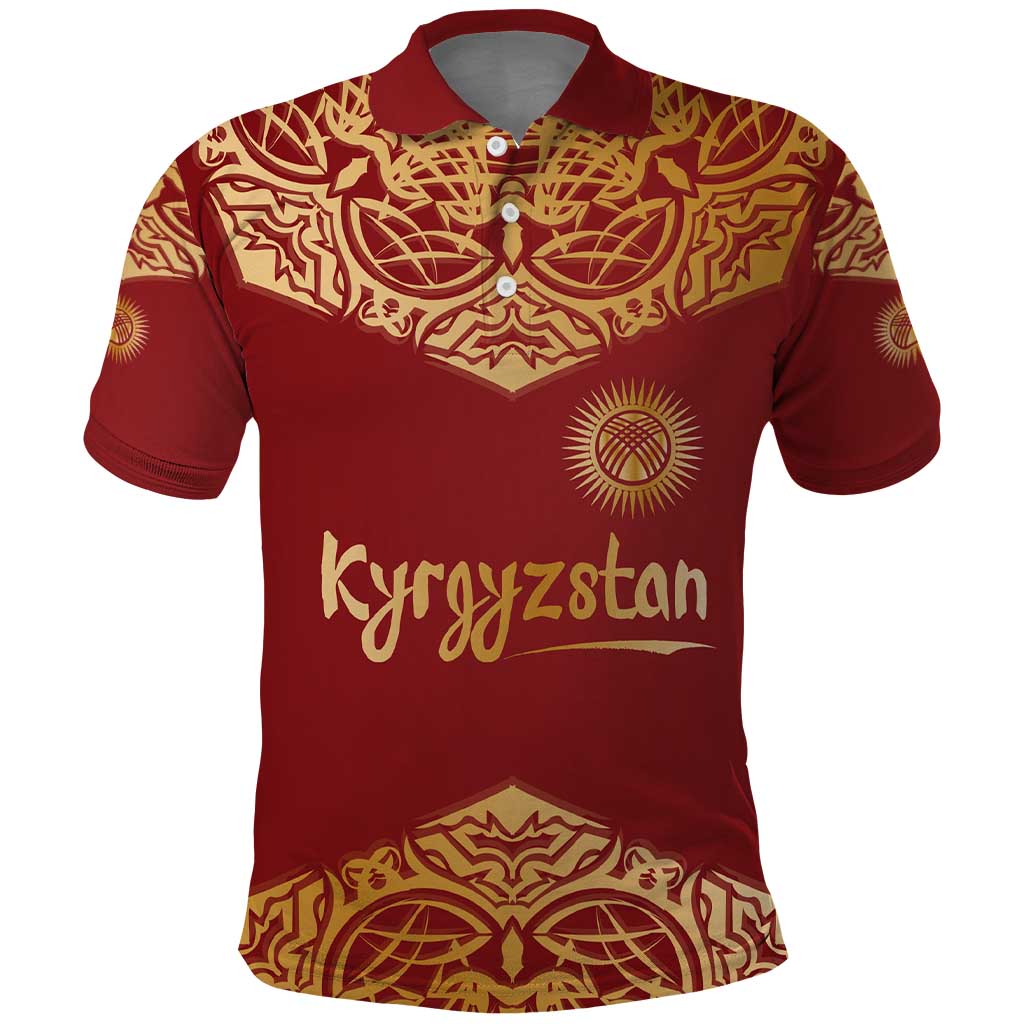 Kyrgyzstan National Symbol Polo Shirt Traditional Golden Pattern in Red and Gold